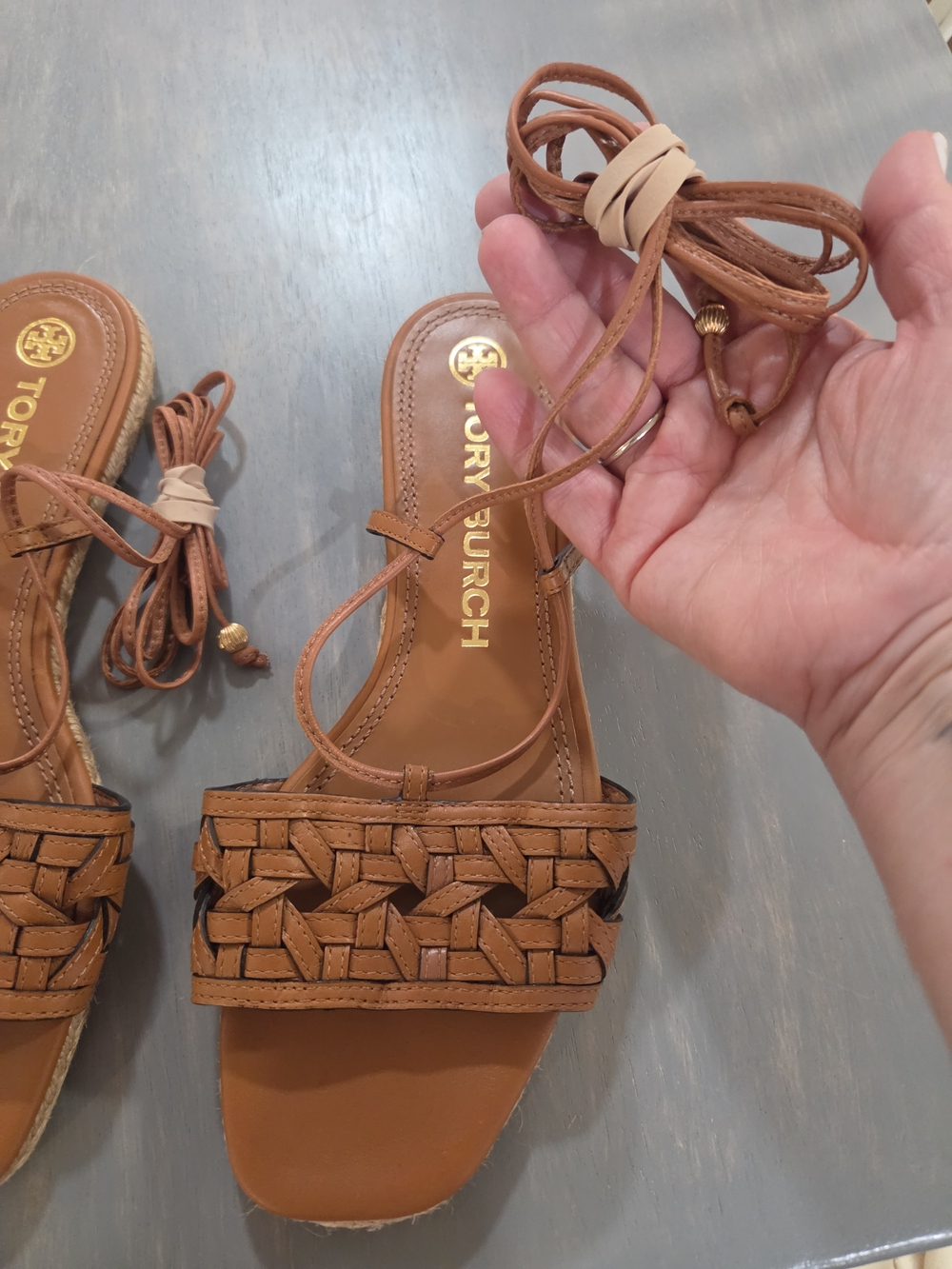 Tory Burch Basketweave Lace-Up Women's Sandals in Cognac - Picture 6 of 15